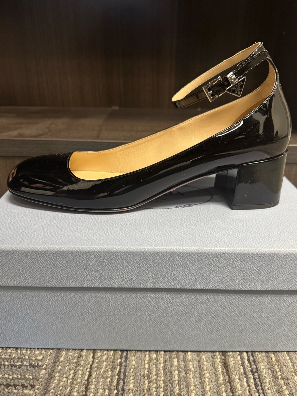 Prada Black Patent Block Heel Mary Jane